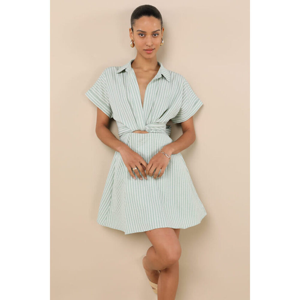 Lulus Breeze By Green Striped Tie-back Mini Dress With Pockets - Size S